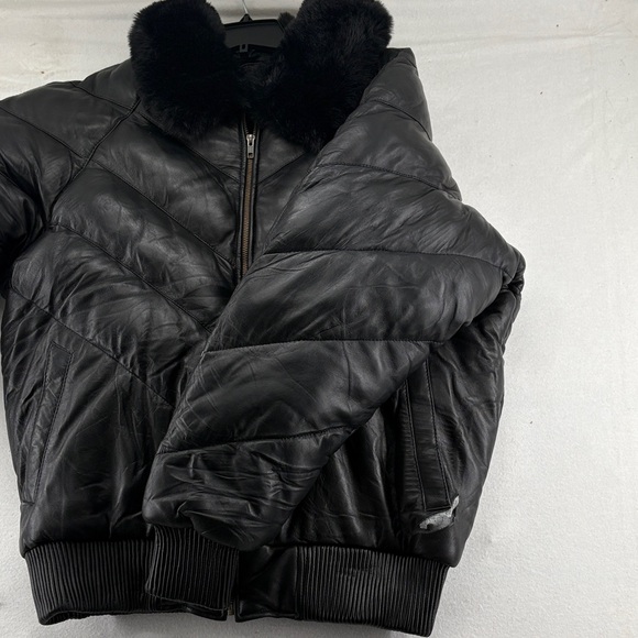 Black Leather Puffer Jacket with Fur Collar 3XL - Picture 11 of 16